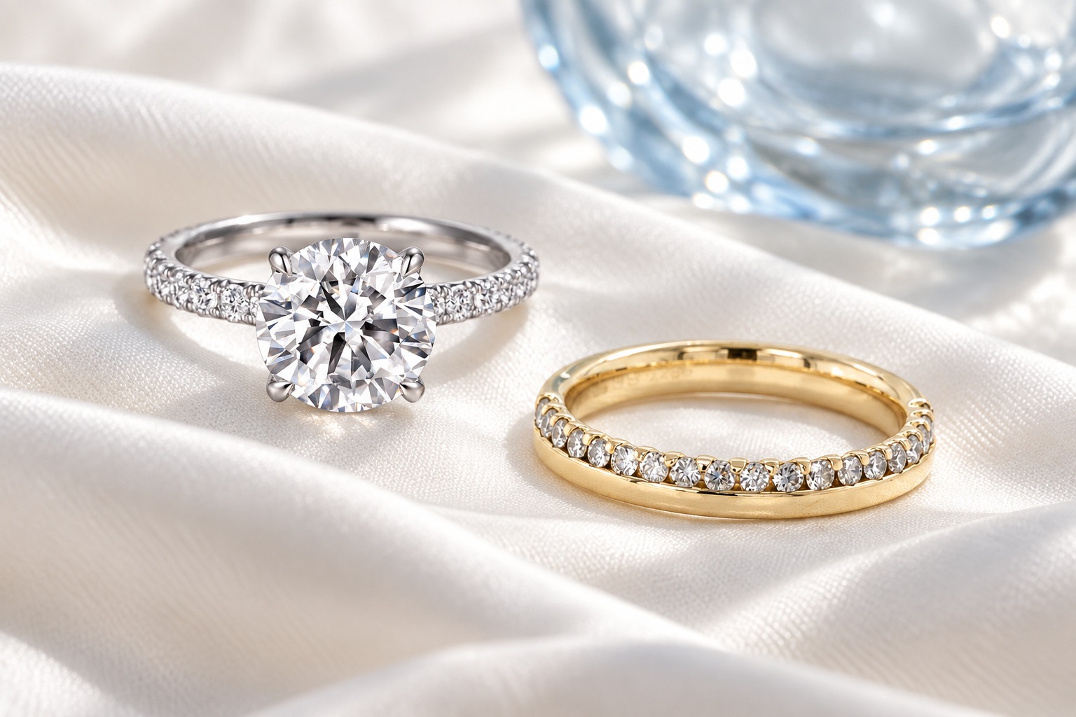 Rauschmayer-inspired bridal campaign featuring the referenced engagement ring and wedding band